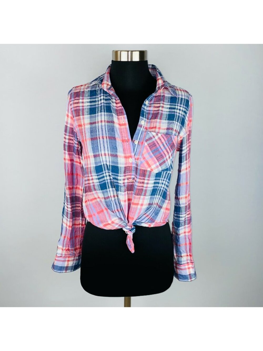 Aeropostale Top Womens Pink Plaid Button Popover Tie Hem Shirt XS